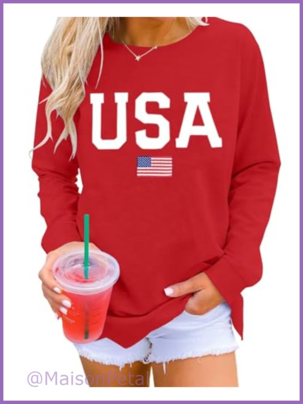 Womens USA Graphic Sweatshirt Crewneck Long Sleeve Pullover Top